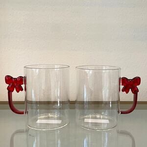 Set of 2 Clear Glass Mugs with Coquette Red Bow Handle 4in Holiday Glam NEW